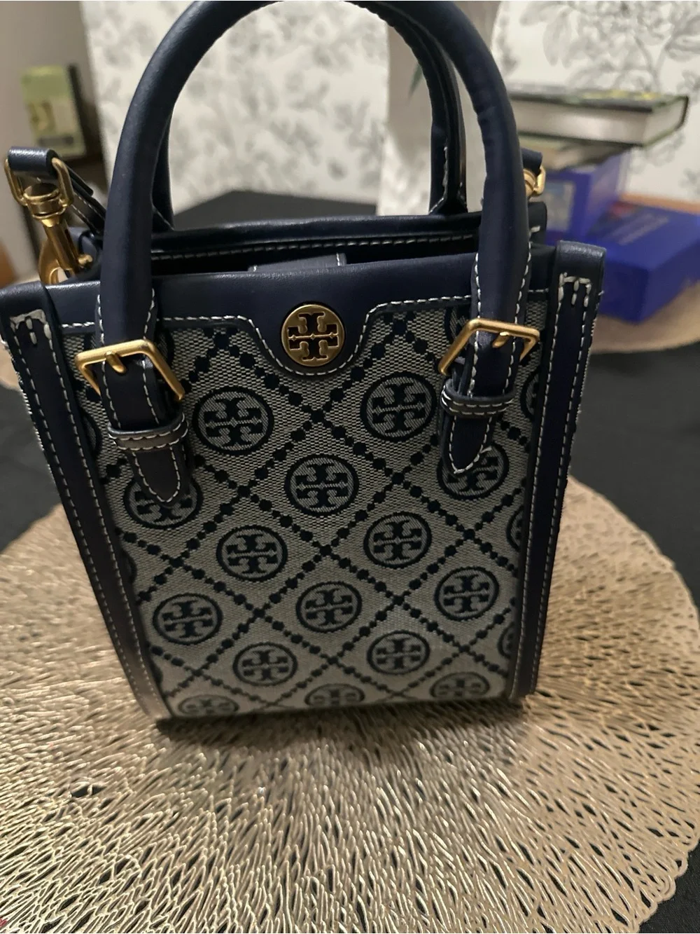 Tory Burch Navy and Cream Monogram Mini Tote